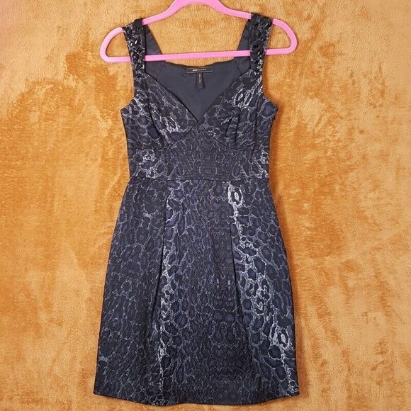 BCBG MAXAZRIA Womens Dress Size 0 Black Blue Silver Sheath Leopard Cocktail - Picture 1 of 10